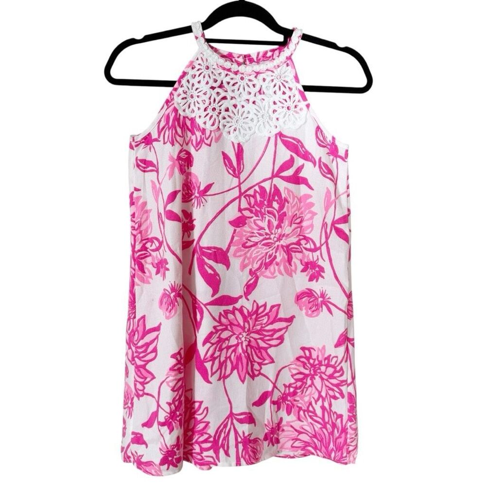 Lilly Pulitzer Girls White Pink Floral Mini Pearl Crochet Shift Dress Size 14